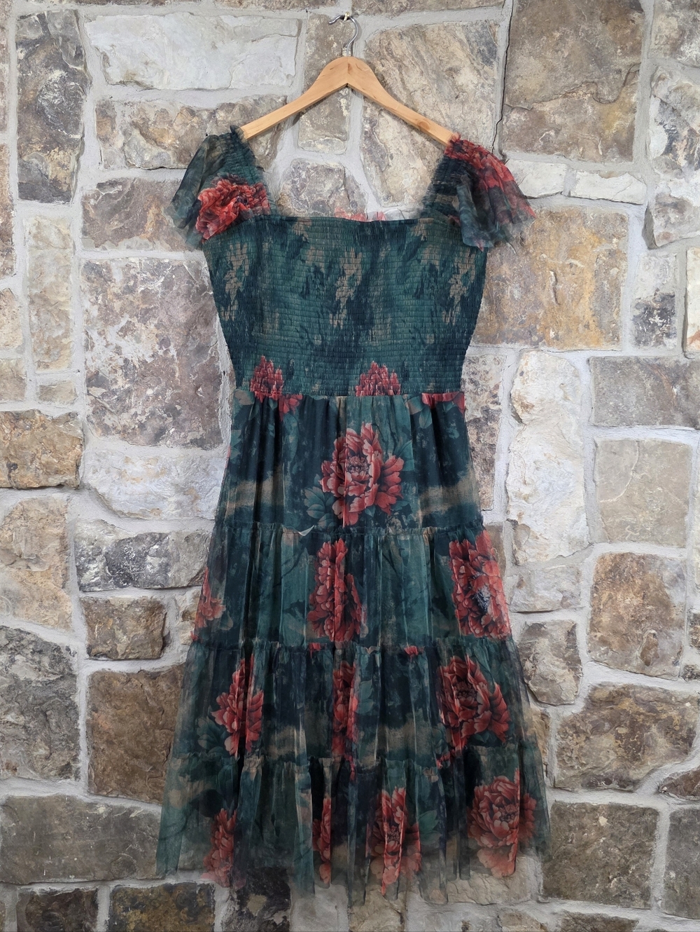 NWT Baltic Born Clementine Tulle Dark Green Floral Midi Dress - Picture 2 of 7